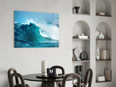 Cinematic surf print bringing ocean edge to a hallway