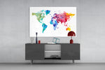 World Map glass wall art catching light to reveal its painted spectrum tones