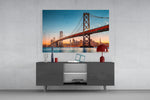 San Francisco Oakland Bay Bridge glass wall art catching light to reveal its painted twilight tones