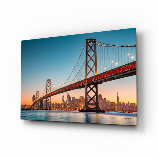 San Francisco Oakland Bay Bridge glass wall art in a modern living room