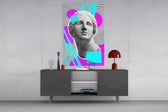 Abstract Art glass wall art catching light to reveal its painted vaporwave collage