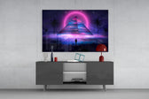 Abstract Art glass wall art catching light to reveal its painted synthwave pyramid
