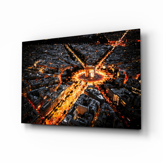 France Night Cityscape glass wall art in a modern living room