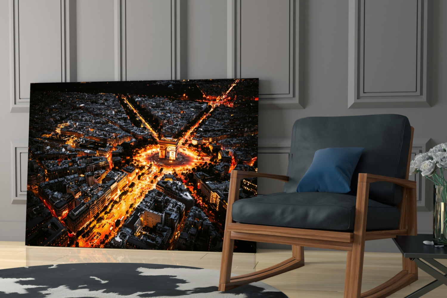 France Night Cityscape Glass Wall Art.