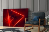 Synthwave yatay panel against a crimson-painted accent wall