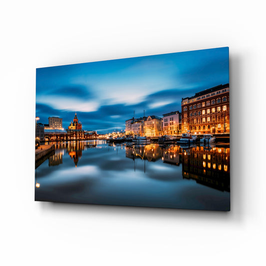 Helsinki Finland glass wall art in a modern living room