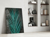 Botanical dikey panel against a charcoal-painted accent wall