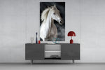 Horse glass wall art catching light to reveal its painted ivory mane