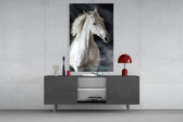 Horse glass wall art catching light to reveal its painted ivory mane