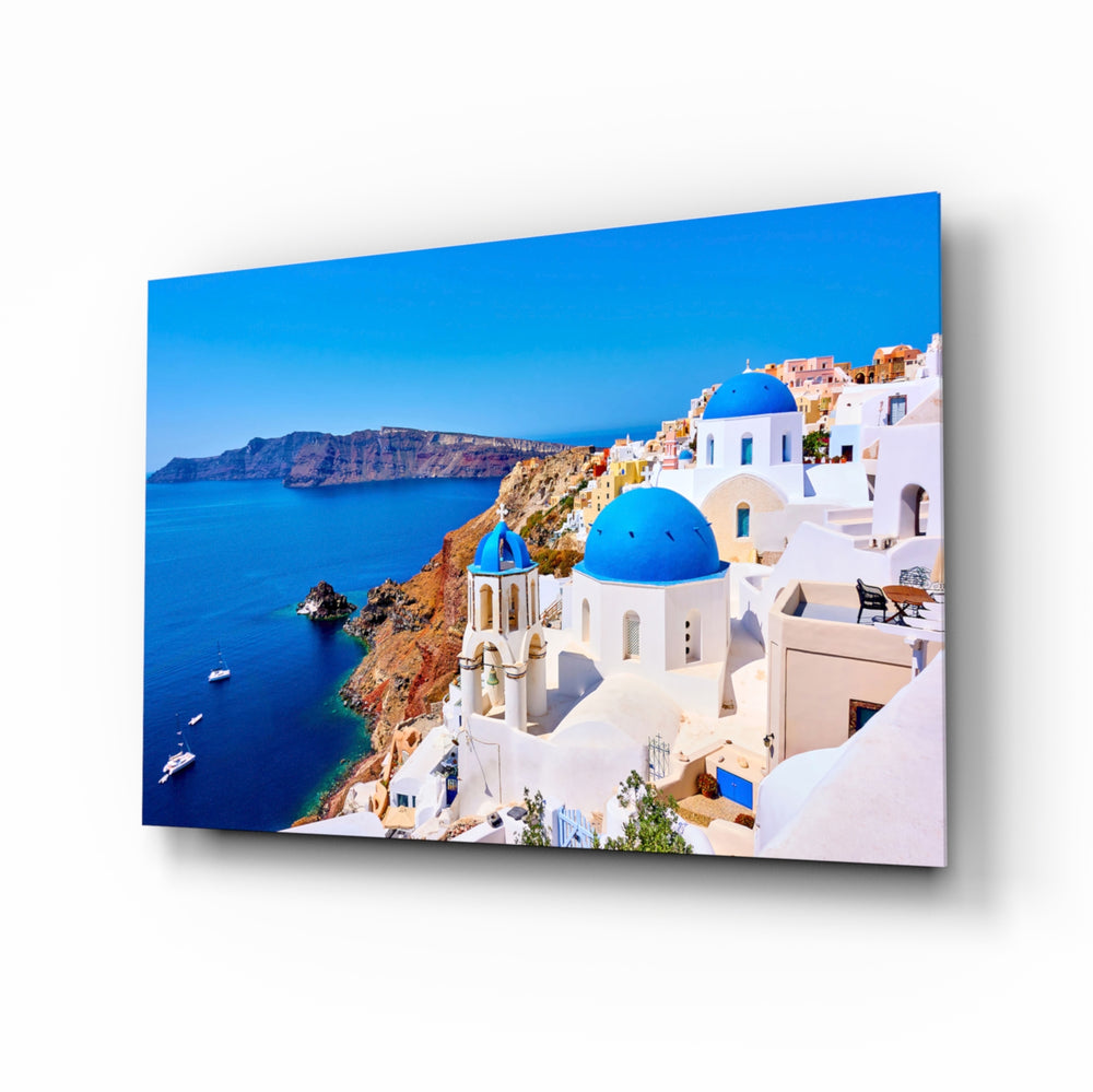 Santorini glass wall art in a modern living room