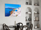 Cinematic travel print bringing Cycladic edge to a hallway