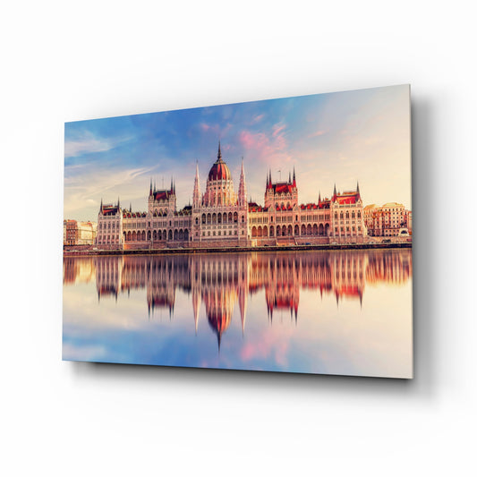 Hungarian Parliament Building glass wall art in a modern living room