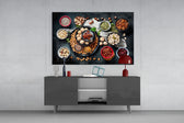 Nuts glass wall art catching light to reveal its painted pantry tones