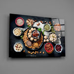 Food still-life panel anchoring a dining room wall