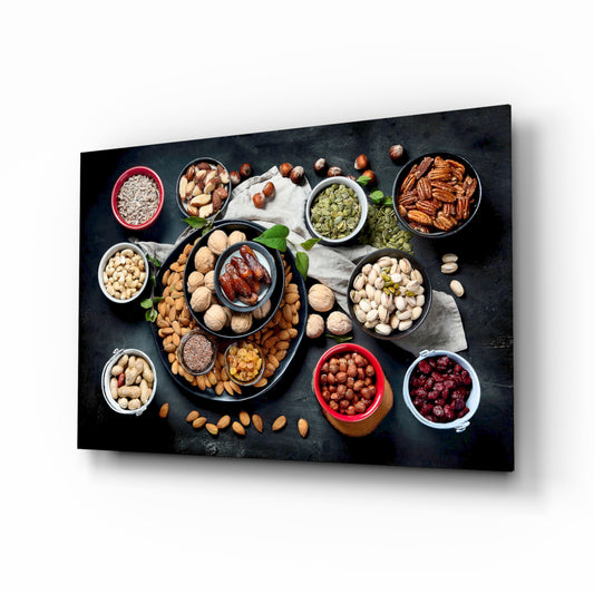 Nuts glass wall art in a modern kitchen