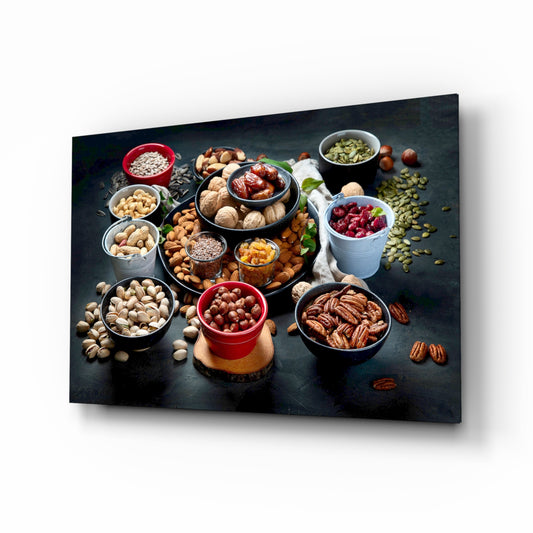 Nuts glass wall art in a modern kitchen