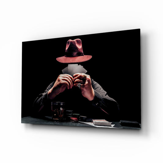 The Mysterious Gambler glass wall art in a modern man cave