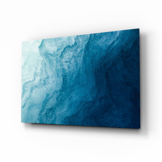 Shades Of Blue glass wall art in a modern living room