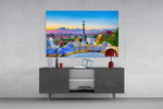Barcelona glass wall art catching light to reveal its painted mosaic tones