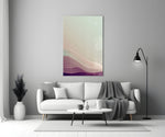 Close-up detail of peach seigaiha sky and mauve waves behind glass