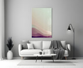 Close-up detail of peach seigaiha sky and mauve waves behind glass