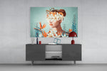 Woman Abstract Art glass wall art catching light to reveal its painted floral tones