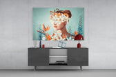 Woman Abstract Art glass wall art catching light to reveal its painted floral tones