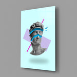 Vaporwave panel anchoring a teen room wall