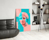 Cinematic pop-classical print bringing pastel edge to a bedroom