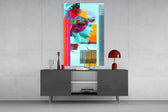Abstract Art glass wall art catching light to reveal its painted collage