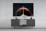 Journey To Space glass wall art catching light to reveal its painted rust Mars