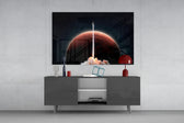 Journey To Space glass wall art catching light to reveal its painted rust Mars
