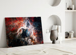 Close-up detail of Tarantula Nebula filaments behind glass