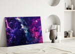 Close-up detail of magenta-indigo nebula behind glass