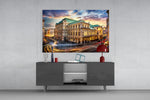 Vienna State Opera glass wall art catching light to reveal its painted twilight tones