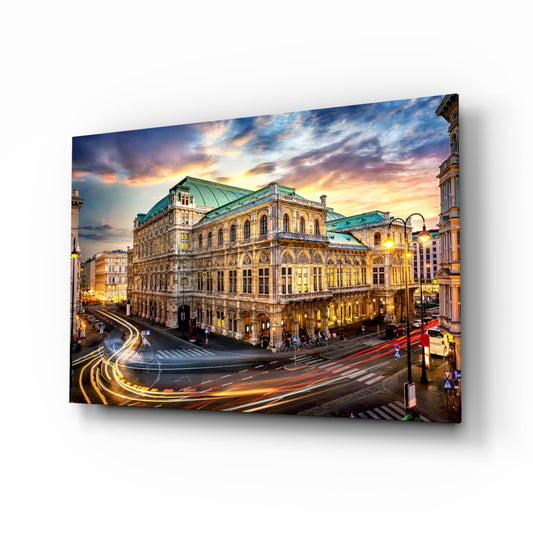 Vienna State Opera glass wall art in a modern living room