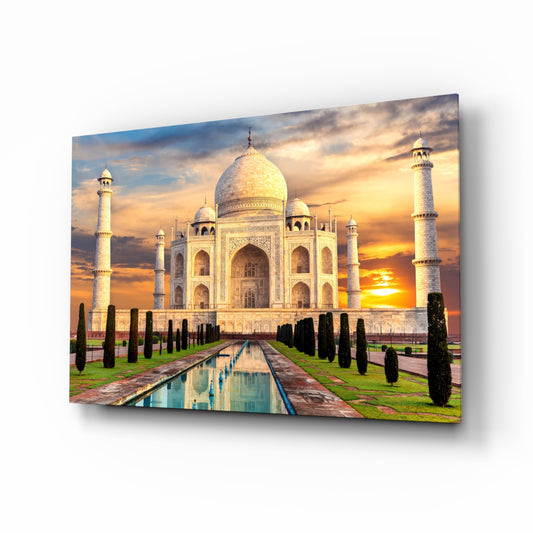 Taj Mahal glass wall art in a modern living room