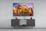 Pantheon glass wall art catching light to reveal its painted twilight tones