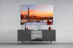 Eiffel Tower glass wall art catching light to reveal its painted autumn tones