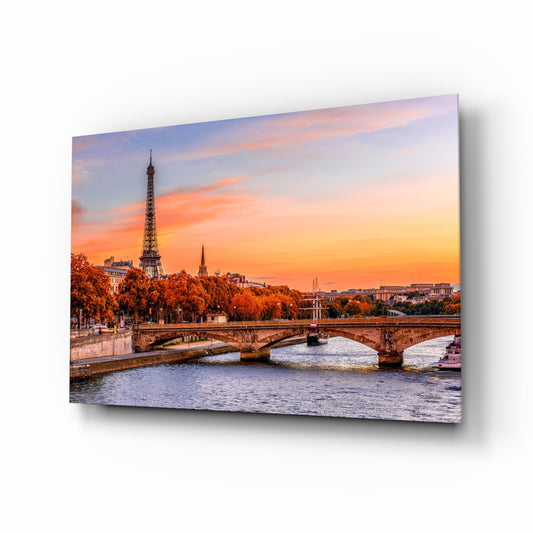 Eiffel Tower glass wall art in a modern living room