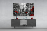 Eiffel Tower glass wall art catching light to reveal its painted scarlet umbrellas