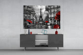 Eiffel Tower glass wall art catching light to reveal its painted scarlet umbrellas
