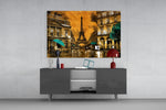 Eiffel Tower glass wall art catching light to reveal its painted teal umbrellas