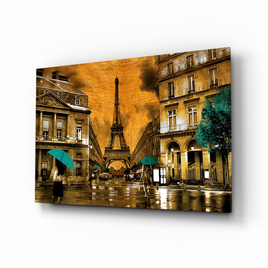 Eiffel Tower glass wall art in a modern living room