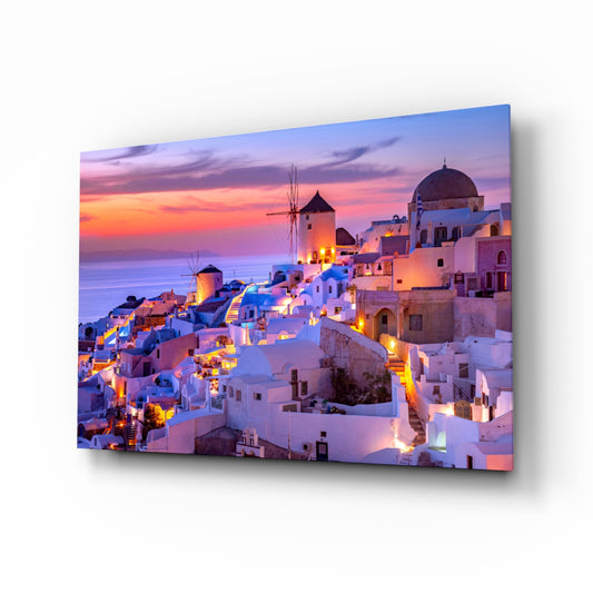 Santorini glass wall art in a modern living room