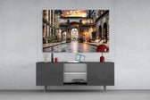 George Square glass wall art catching light to reveal its painted sandstone twilight