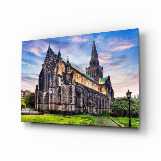 Glasgow Cathedral glass wall art in a modern living room