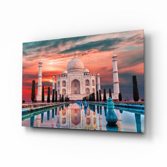 Taj Mahal glass wall art in a modern living room