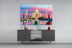 Taj Mahal glass wall art catching light to reveal its painted dawn tones