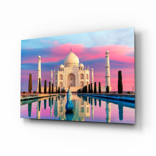 Taj Mahal glass wall art in a modern living room